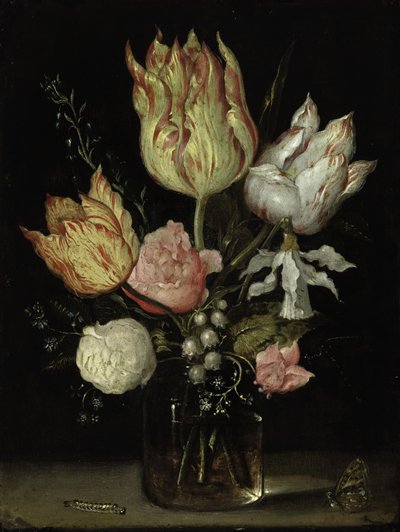 Nature morte de fleurs dans un vase en verre avec une chenille et un papillon - Ambrosius Bosschaert