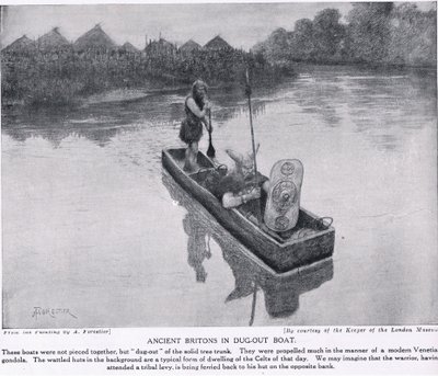 Britons anciens dans un bateau creusé, illustration de 