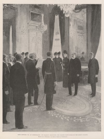 Le roi Édouard VII à Copenhague, Sa Majesté recevant la députation danoise dans le palais du roi - Amedee Forestier