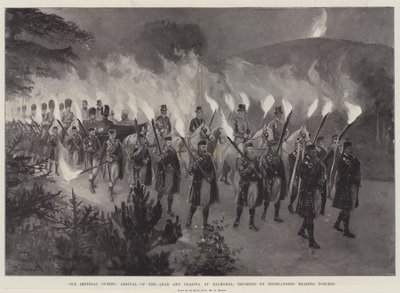 Nos invités impériaux, arrivée du tsar et de la tsarine à Balmoral, escortés par des Highlanders portant des torches - Amedee Forestier