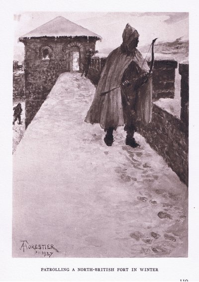 Patrouille dans un fort du nord de la Grande-Bretagne en hiver, illustration de The Roman Soldier, 1928 - Amedee Forestier