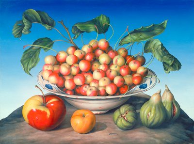 Cerises dans un bol de Delft avec pomme rouge et jaune - Amelia Kleiser