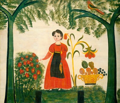 Fille en rouge avec des fleurs et un distelfink - American 19th Century