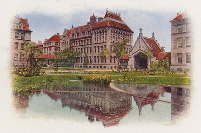 Chicago : Hull Court, depuis Botany Pond, Anatomy Building et Hull Gate (photo couleur) - American Photographer