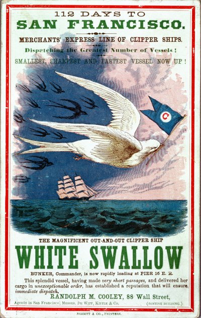 112 jours pour San Francisco, affiche publicitaire pour Merchants Express Line of Clipper Ships, White Swallow - American School