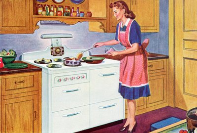 Ménagère des années 1940 cuisinant dans sa cuisine de rêve - American School