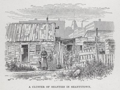 Un groupe de cabanes dans Shantytown (lithographie) - American School