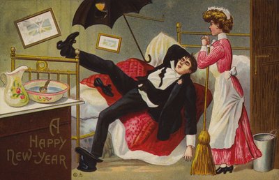 Bonne année, homme ivre sur son lit, servante regardant (litho couleur) - American School