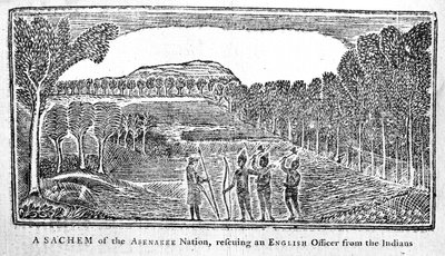 Un sachem de la nation Abenakee sauvant un officier anglais, illustration de Bickerstaff