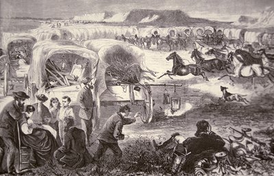 Un train de chariots formé en corral sur l