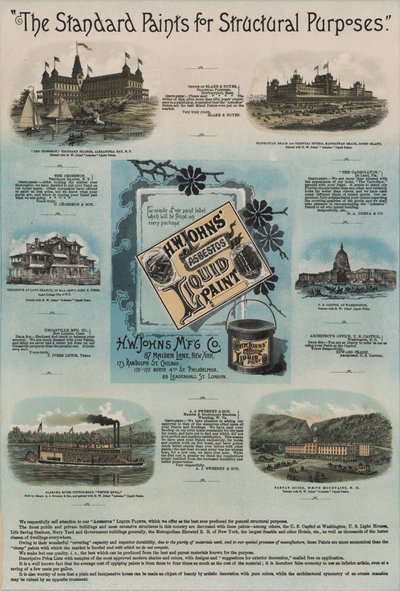 Publicité pour les peintures liquides en amiante H W Johns - American School