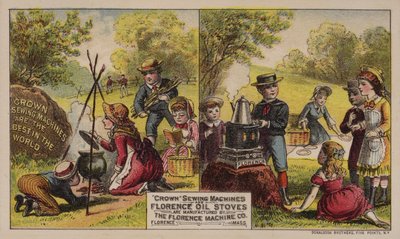 Carte publicitaire américaine pour les machines à coudre et les poêles à huile fabriqués par la Florence Machine Company, Massachusetts, vers 1880 - American School