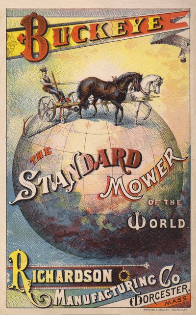 Carte commerciale américaine faisant la publicité de la tondeuse Buckeye de la Richardson Manufacturing Company, vers 1880 - American School