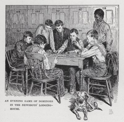 Une partie de dominos en soirée dans le foyer des vendeurs de journaux (lithographie) - American School