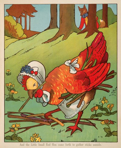 "Et la Petite Poule Rouge sortit pour ramasser des bâtons dehors", de Peter Rabbit Little Red Hen et Owl and Pussy Cat pub. Charles E Graham & Co. vers 1900 - American School