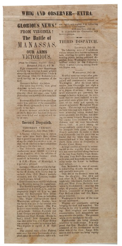 Affiche annonçant la première bataille de Manassas, Whig and Observer Extra, après le 22 juillet 1861 - American School