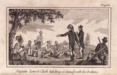 Le capitaine Lewis et Clarke tenant un conseil avec les Indiens, pub. 1812 (gravure) - American School