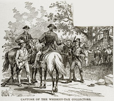 Capture des collecteurs de la taxe sur le whisky, illustration de Columbus et Columbia, c.1893 - American School