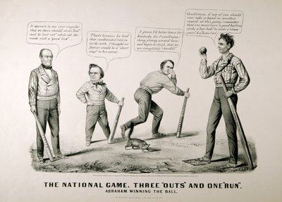 Caricature montrant Abraham Lincoln (1809-65) gagnant le ballon contre ses adversaires Douglas, Bell et Breckenridge lors de l