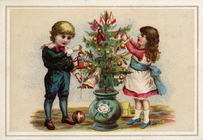 Enfants décorant un petit sapin de Noël - American School