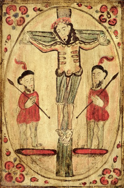 Christ en croix et deux figures - American School
