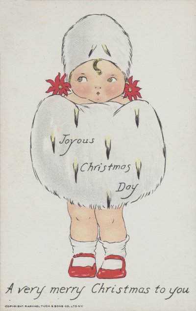 Carte de vœux de Noël représentant un enfant avec un manchon et un chapeau en fourrure de Noël. (chromolitho) - American School