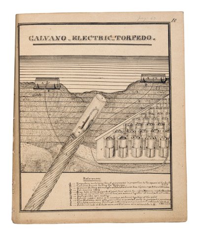 Schéma de la torpille électrique Galvano de Rains (plume et encre sur papier) - American School