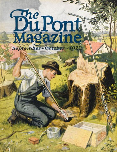 Agriculteur plantant de la dynamite DuPont, couverture du DuPont Magazine, septembre-octobre 1922 - American School