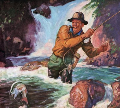 Pêcheur à la mouche dans une rivière attrapant un omble de fontaine - American School