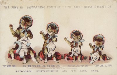 Quatre chats cousant portant des bonnets - American School