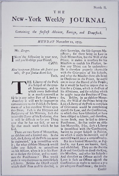 Première page du New-York Weekly Journal discutant de la liberté de la presse - American School