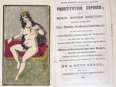 Frontispice et page de titre de Prostitution Exposed par A. Butt Ender, publié à New York en 1839 - American School