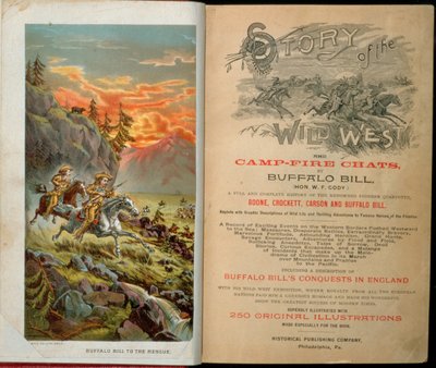 Frontispice et page de titre de Story of the Wild West and Camp Fire Chats par Buffalo Bill - American School