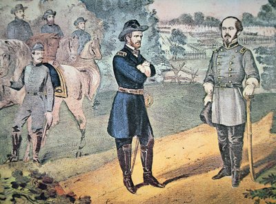 Les généraux Sherman et Johnson se rencontrent pour organiser la reddition des forces confédérées en Caroline du Nord en 1865 (lithographie en couleur) - American School