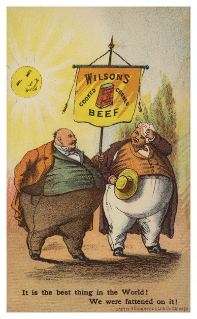Messieurs portant une bannière de corned-beef Wilsons - American School