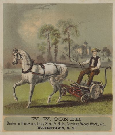 Cheval tirant une tondeuse à gazon - American School