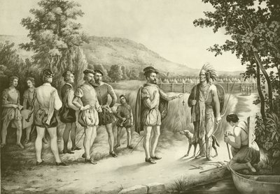Jacques Cartier, sa première rencontre avec les Indiens à Hochelaga maintenant Montréal en 1535, vers 1850 - American School