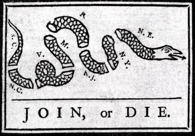 Join or Die, dessin, considéré comme le premier dessin politique, publié dans la « Pennsylvania Gazette » par Benjamin Franklin en 1754 - American School