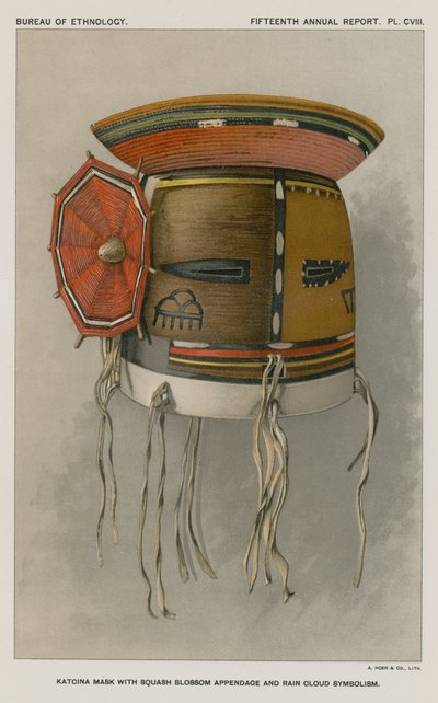 Masque Katcina avec appendice de fleur de courge et symbolisme de nuage de pluie - American School