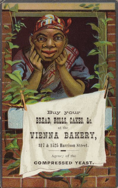 Dame à la fenêtre faisant la publicité de la boulangerie de Vienne - American School