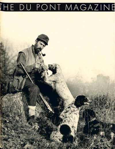 Homme avec des chiens de chasse, couverture du DuPont Magazine, novembre 1934 - American School