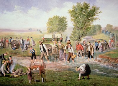 Pionniers mormons tirant des chariots à main lors du long voyage vers Salt Lake City en 1856 - American School