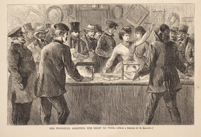 Mme Woodhull affirmant son droit de vote, gravure de Harper