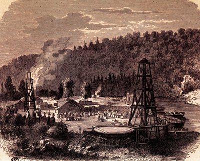 Champs pétrolifères à Titusville en Pennsylvanie, avec le premier puits de Derrick inventé par Edwin Laurentine Drake en 1859, gravure - American School