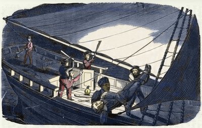 Le pirate Charles Gibbs (début du XIXe siècle) tue le capitaine Thornby et le jette à la mer. Gravure de "The pirate own book" 1837. - American School