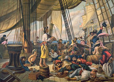Des pirates tentant de tromper un navire de la marine américaine en se faisant passer pour un navire marchand innocent - American School