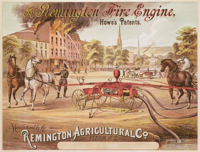 Affiche publicitaire pour le Remington Fire Engine fabriqué par la Remington Agricultural Company, vers 1890 - American School