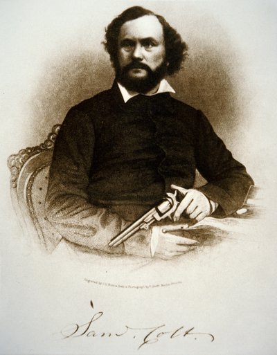 Samuel Colt tenant un de ses revolvers à percussion - American School