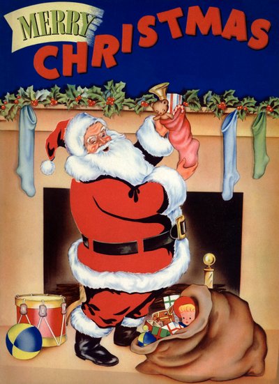 Le Père Noël remplit les bas de jouets la veille de Noël - American School