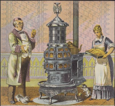 Serviteur mettant une dinde dans une grande cuisinière, avec le maître de maison regardant - American School